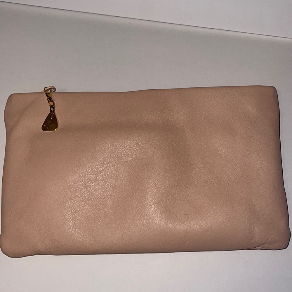 Pink leather Clemente vintage clutch with crossbody strap receipt care card tags